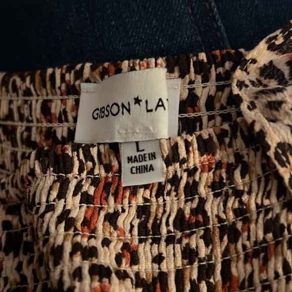 Gibson⭐️Latimer animal print brown tan hues smocked blouse long sleeves top Sz L - Picture 6 of 7